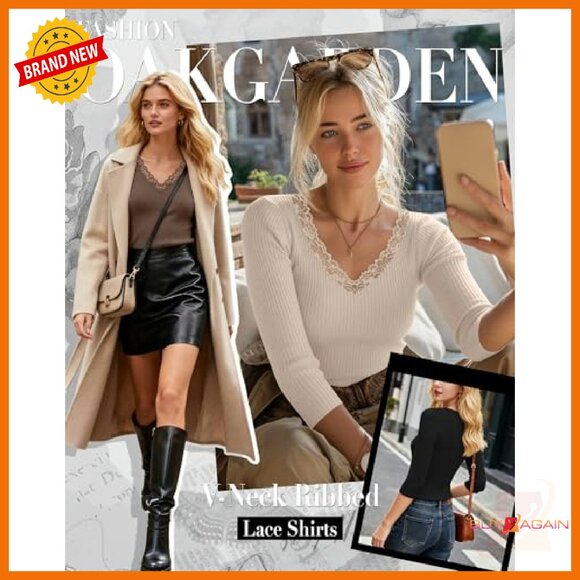 3-Pack Women's 3/4 Sleeve Lace V-Neck Ribbed Cotton Slim Fit Tops - Picture 3 of 8